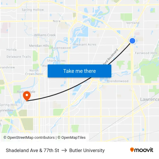 Shadeland Ave & 77th St to Butler University map