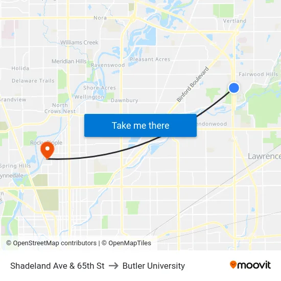 Shadeland Ave & 65th St to Butler University map
