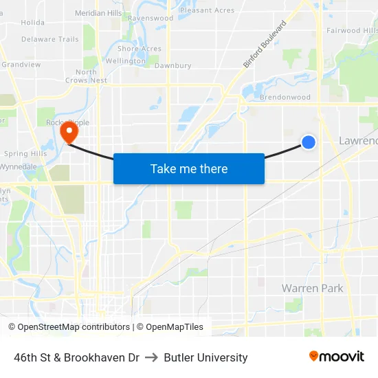 46th St & Brookhaven Dr to Butler University map