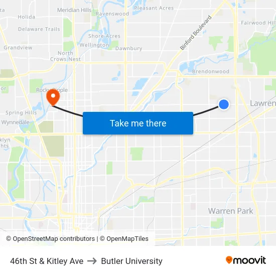 46th St & Kitley Ave to Butler University map