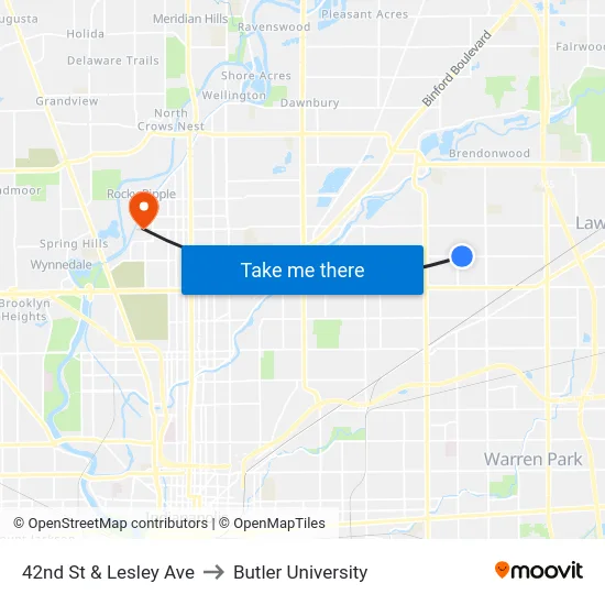 42nd St & Lesley Ave to Butler University map