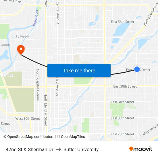 42nd St & Sherman Dr to Butler University map