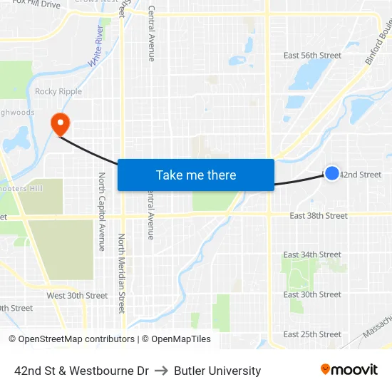 42nd St & Westbourne Dr to Butler University map
