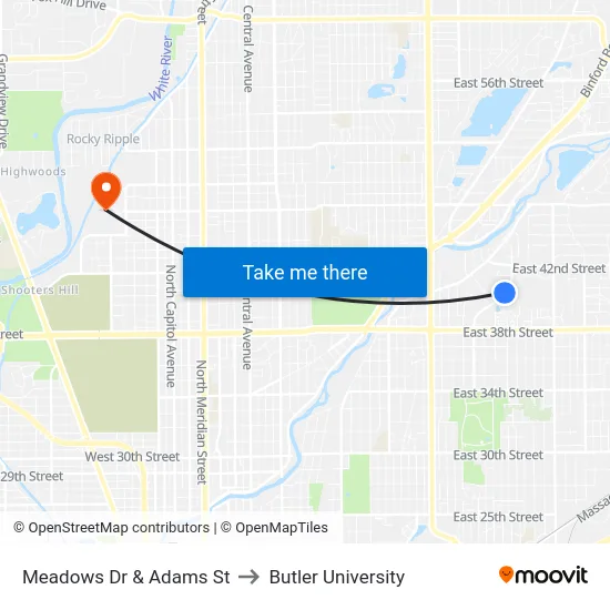 Meadows Dr & Adams St to Butler University map