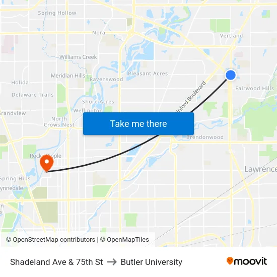 Shadeland Ave & 75th St to Butler University map