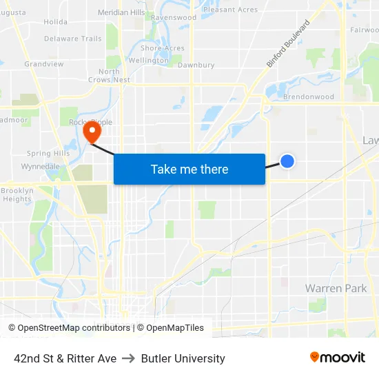 42nd St & Ritter Ave to Butler University map