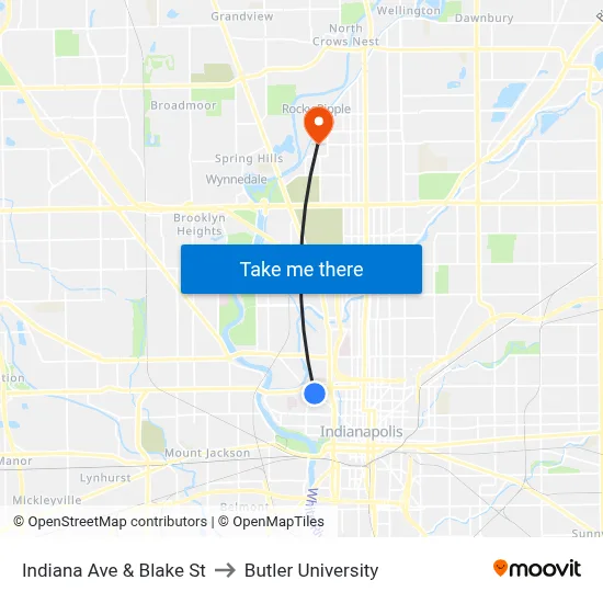 Indiana Ave & Blake St to Butler University map