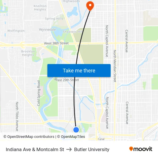 Indiana Ave & Montcalm St to Butler University map
