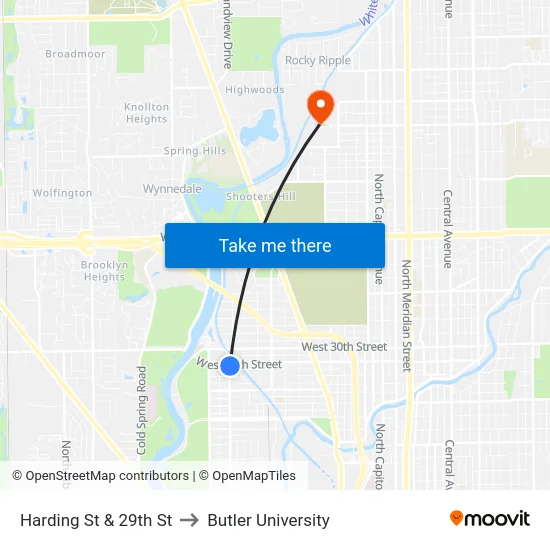 Harding St & 29th St to Butler University map