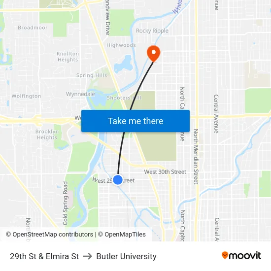 29th St & Elmira St to Butler University map
