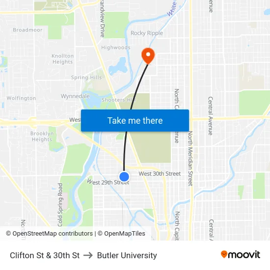 Clifton St & 30th St to Butler University map