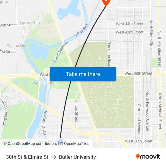 30th St & Elmira St to Butler University map