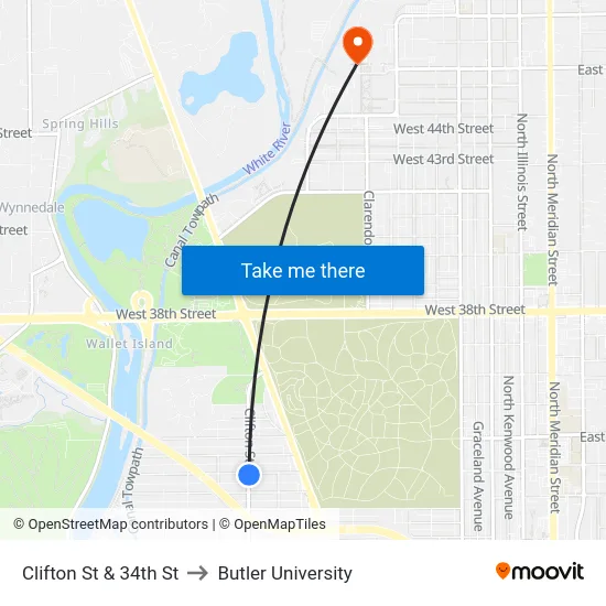 Clifton St & 34th St to Butler University map