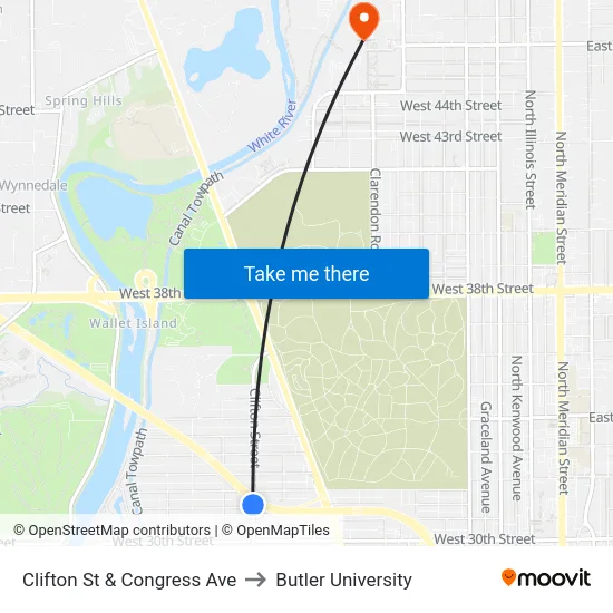 Clifton St & Congress Ave to Butler University map