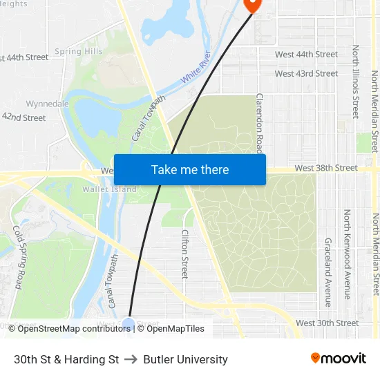 30th St & Harding St to Butler University map