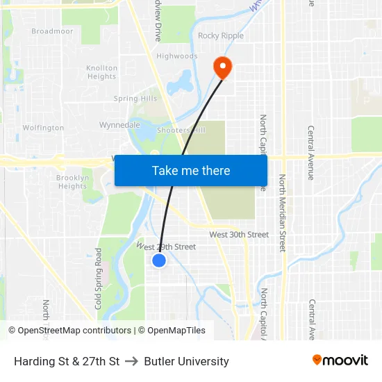 Harding St & 27th St to Butler University map