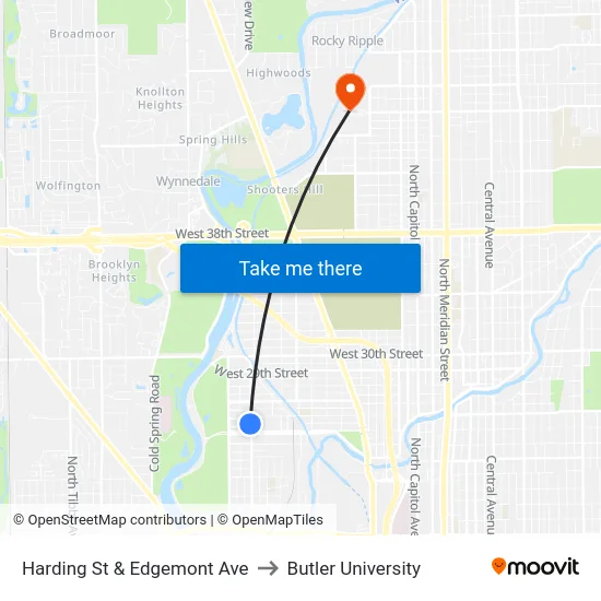 Harding St & Edgemont Ave to Butler University map