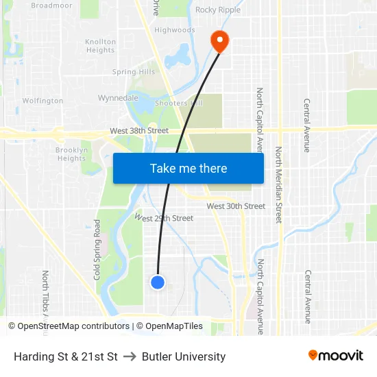 Harding St & 21st St to Butler University map