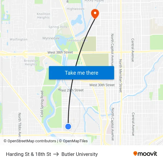 Harding St & 18th St to Butler University map
