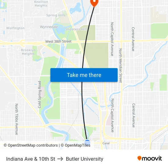 Indiana Ave & 10th St to Butler University map