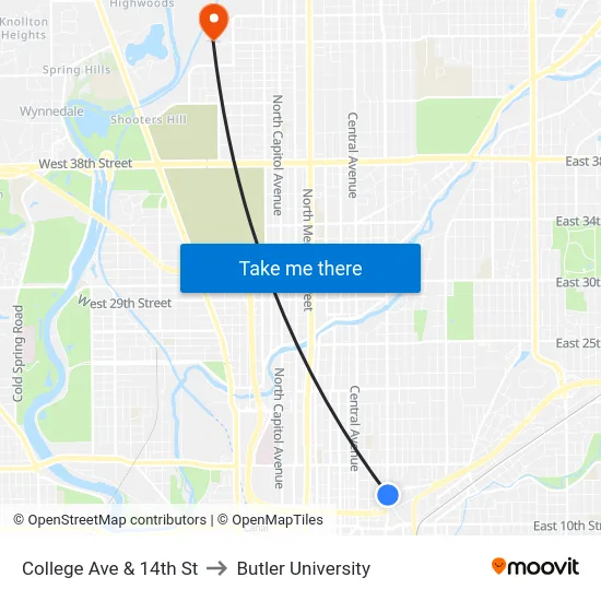 College Ave & 14th St to Butler University map
