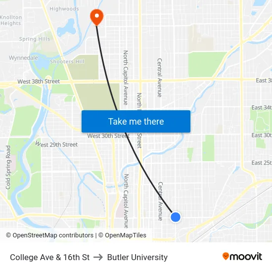 College Ave & 16th St to Butler University map