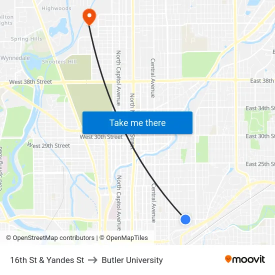 16th St & Yandes St to Butler University map