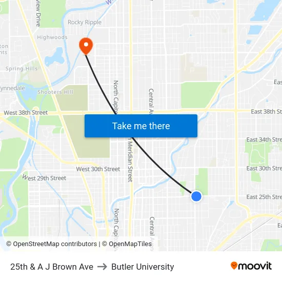 25th & A J Brown Ave to Butler University map