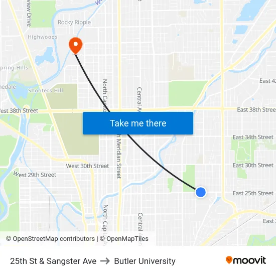 25th St & Sangster Ave to Butler University map