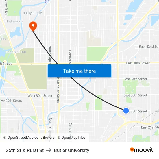 25th St & Rural St to Butler University map