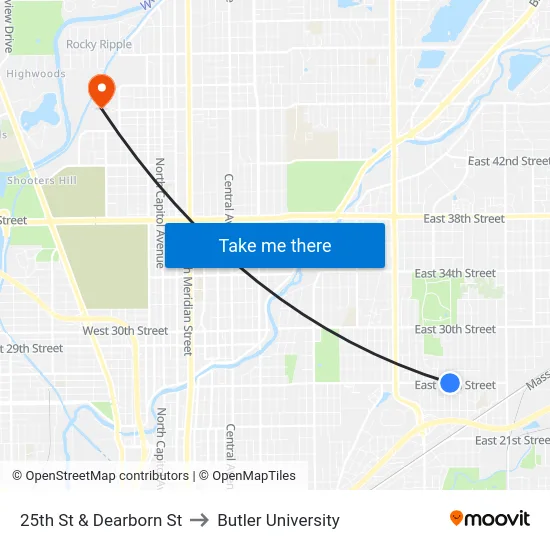 25th St & Dearborn St to Butler University map