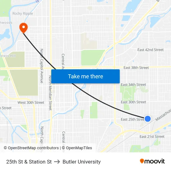 25th St & Station St to Butler University map