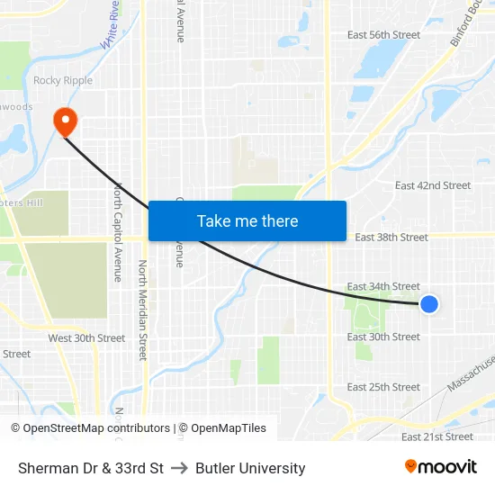 Sherman Dr & 33rd St to Butler University map