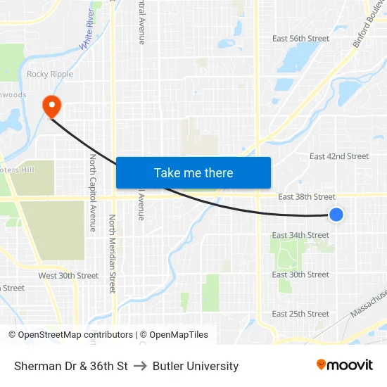 Sherman Dr & 36th St to Butler University map