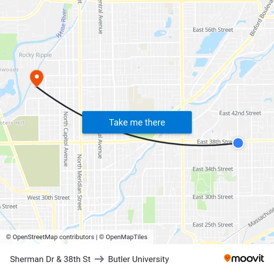 Sherman Dr & 38th St to Butler University map