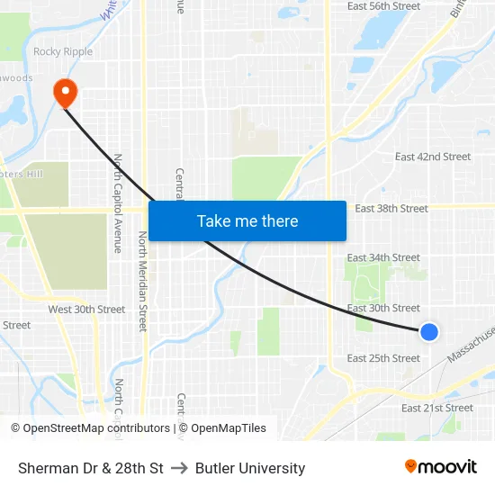 Sherman Dr & 28th St to Butler University map