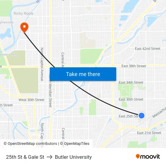 25th St & Gale St to Butler University map