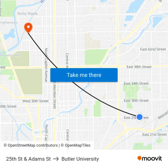 25th St & Adams St to Butler University map