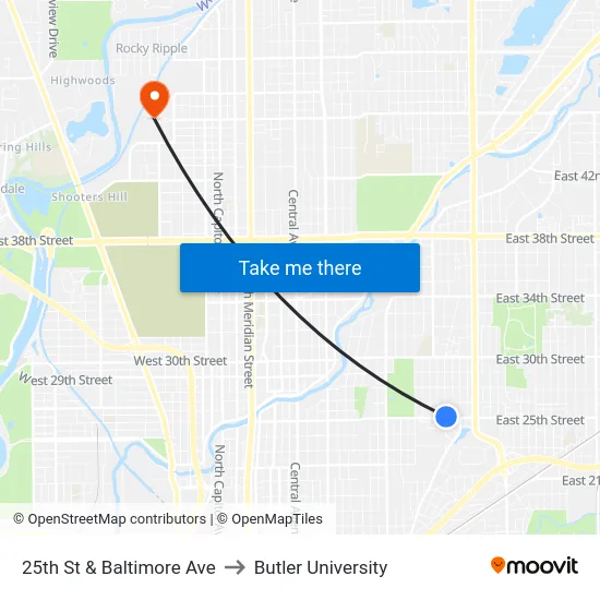 25th St & Baltimore Ave to Butler University map