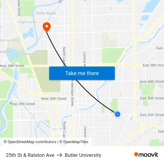 25th St & Ralston Ave to Butler University map