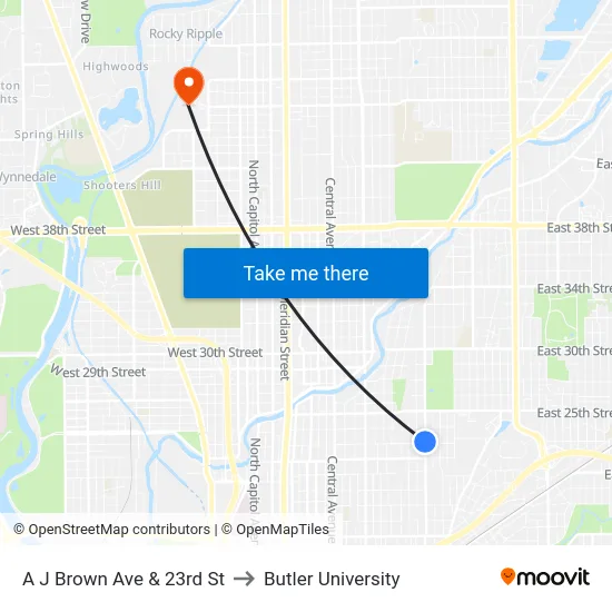 A J Brown Ave & 23rd St to Butler University map