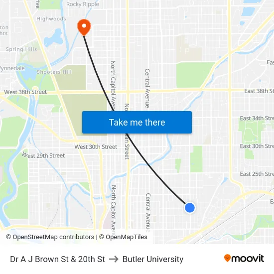 Dr A J Brown St & 20th St to Butler University map