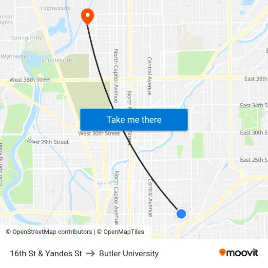 16th St & Yandes St to Butler University map