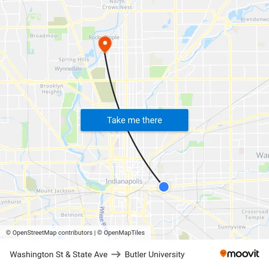 Washington St & State Ave to Butler University map