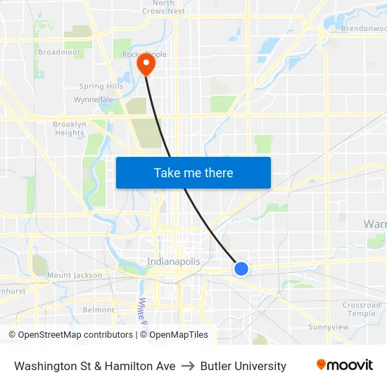 Washington St & Hamilton Ave to Butler University map