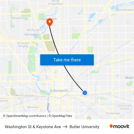 Washington St & Keystone Ave to Butler University map