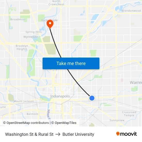 Washington St & Rural St to Butler University map