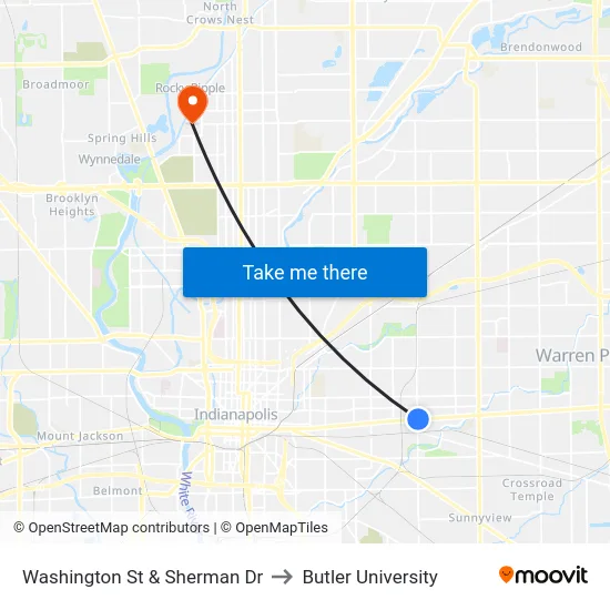 Washington St & Sherman Dr to Butler University map