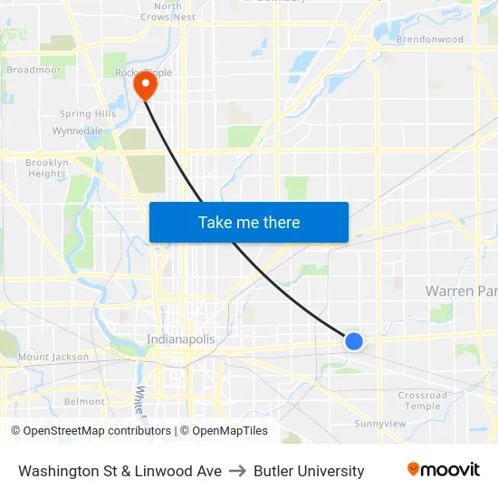 Washington St & Linwood Ave to Butler University map