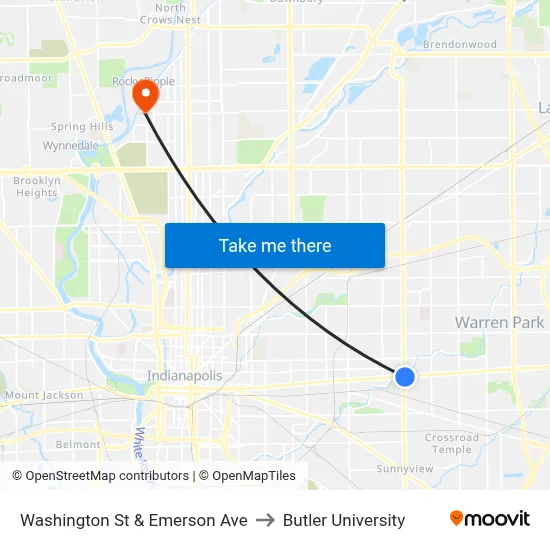 Washington St & Emerson Ave to Butler University map